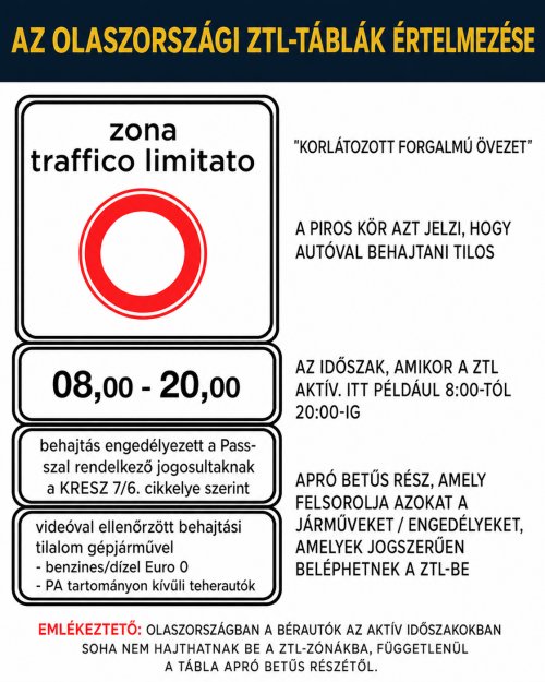 Olaszországi ZTL zóna tábla magyarázat